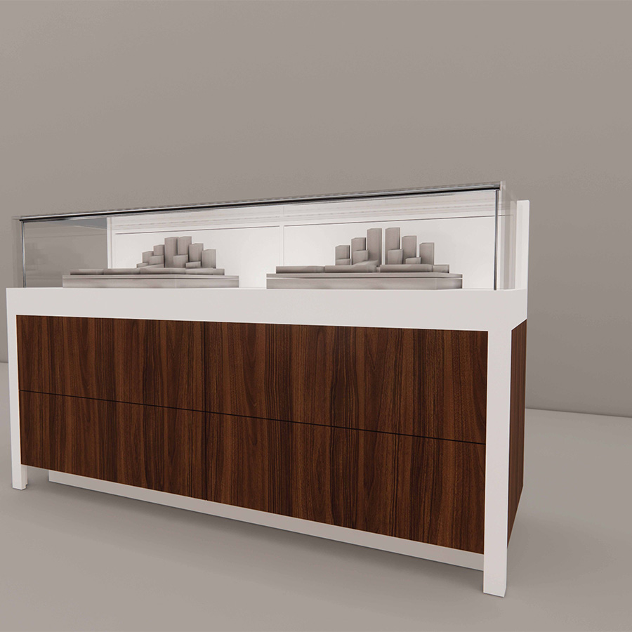 6 foot Sit-Down Showcase with Noce Front Panel, angle
